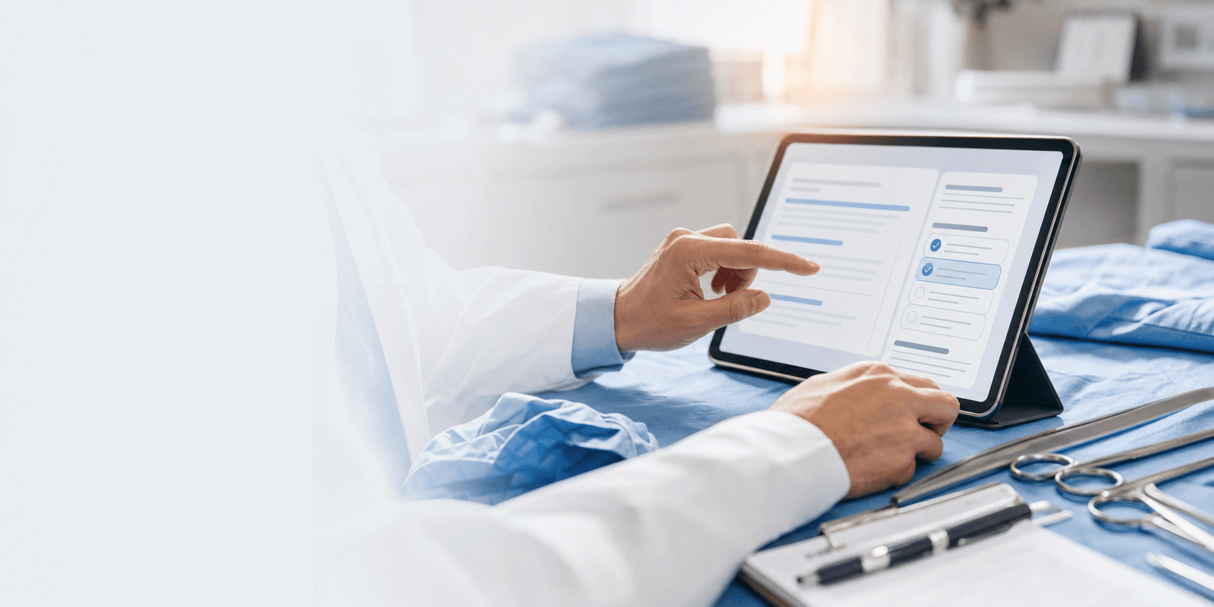 General surgeon reviewing an abstract operative note workflow on a tablet