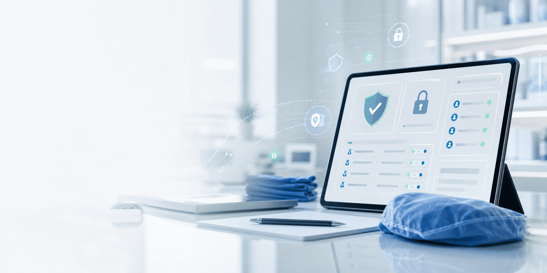 Abstract secure healthcare dashboard showing access controls and audit-ready workflow